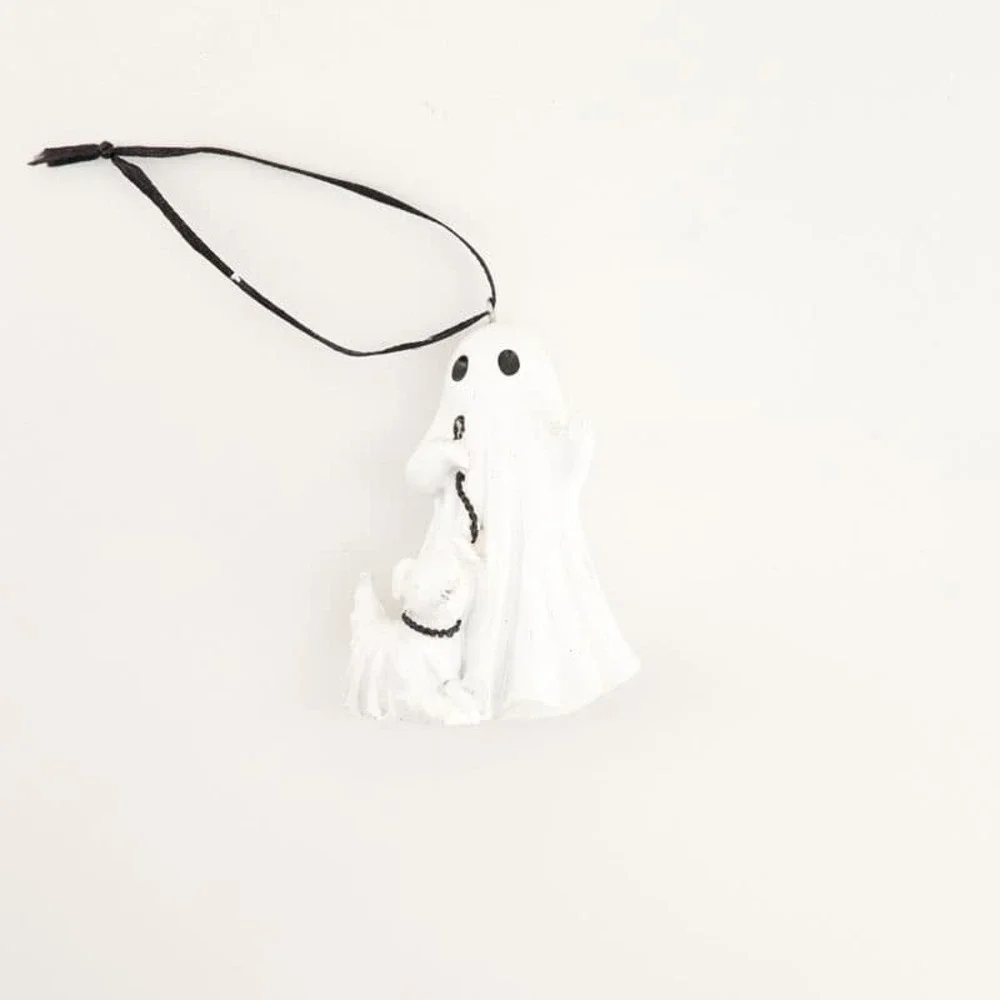 Cracker Barrel Halloween Ghost Walking Dog Ornament — White Polyresin NWT
